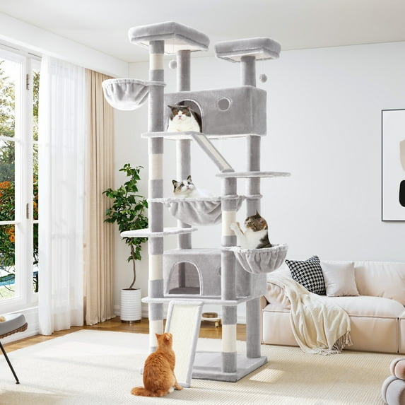Allewie 81 Inches Multi-Level Tall Cat Tree for Large Cat, Cat Climbing Tree with Cat Condo and Hammock, Scratching Post, Wide Base, Grey