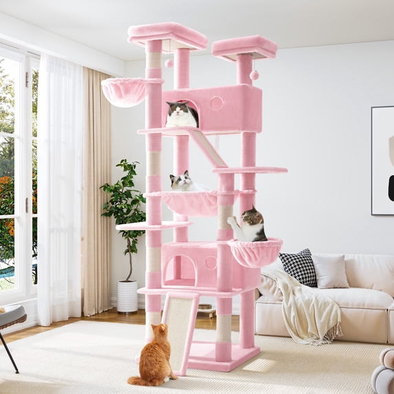 Allewie 81 Inches Multi-Level Tall Cat Tree for Large Cat, Cat Climbing Tree with Cat Condo and Hammock, Scratching Post, Wide Base, Pink