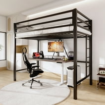 Allewie Black Heavy Duty Twin Size Metal Loft Bed with Full-Length Guardrail & Removable Stairs