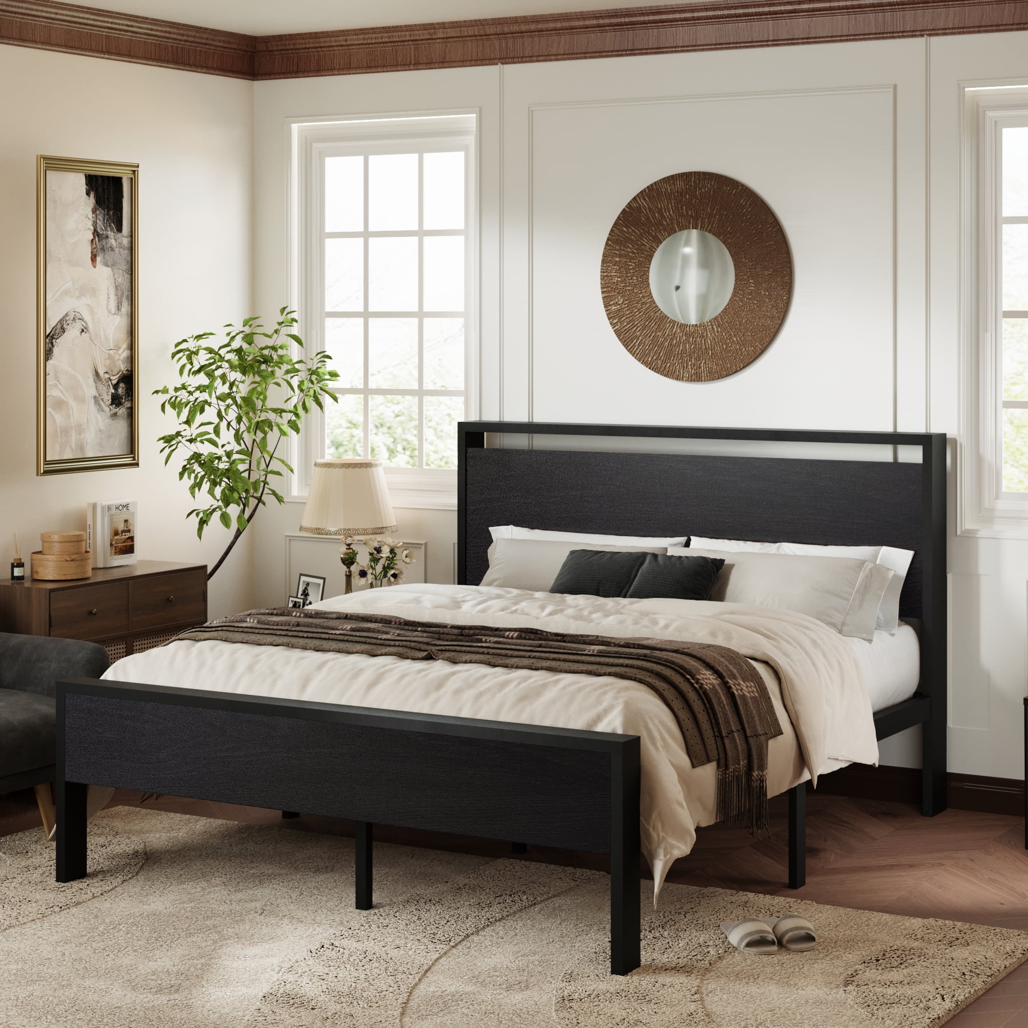 Allewie Industrial Iron Full Size Bed Frame, Black Oak, with Wood Headboard, Footboard & Metal Slat