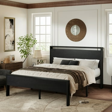 Allewie Black Oak Queen Size Metal Platform Bed Frame with Wood Headboard and Footboard & Metal Slat