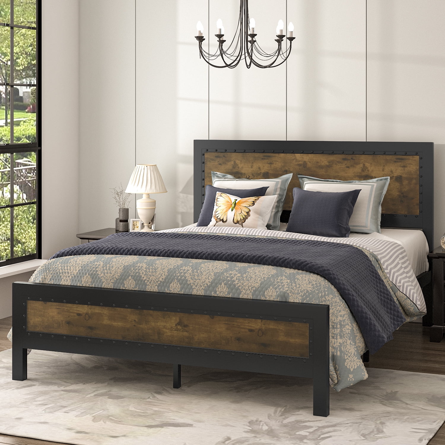 Allewie Brown Queen Size Metal Platform Bed Frame with Industrial Rivet