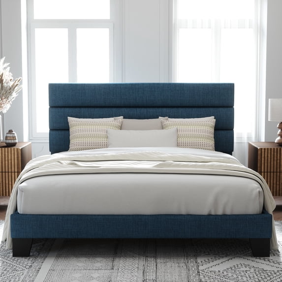 Allewie Cal King Size Platform Bed Frame with Velvet Upholstered Headboard, No Box Spring Needed, Navy Blue