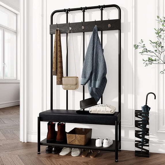 Allewie Coat Rack Shoe Bench, Freestanding Hall Tree, Entryway Bench with Storage Shelves, Upholstered Sponge-Padded Seat, Black