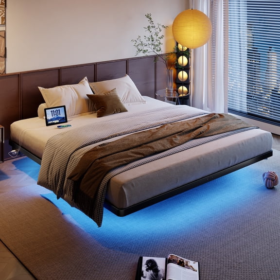 Allewie Floating Bed Frame King Size with Smart LED Lights and Charging Station, Heavy Duty Metal Platform Bed, No Box Spring Needed, Easy Assembly, Black