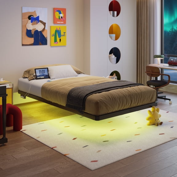 Allewie Floating Bed Frame Twin Size with Smart LED Lights and Charging Station, Heavy Duty Metal Platform Bed, No Box Spring Needed, Easy Assembly, Black