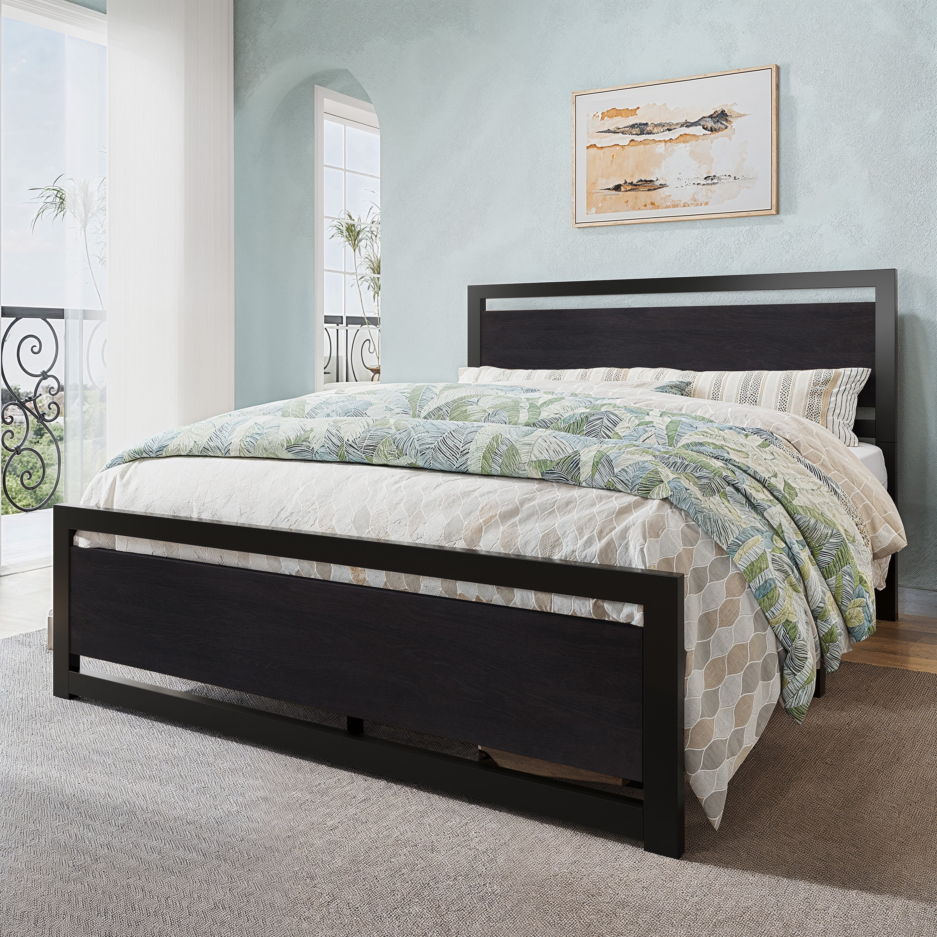 Allewie Full Bed Frame, Metal Platform Bed Frame with Wooden Headboard, 12.4" Under-Bed Storage, Black