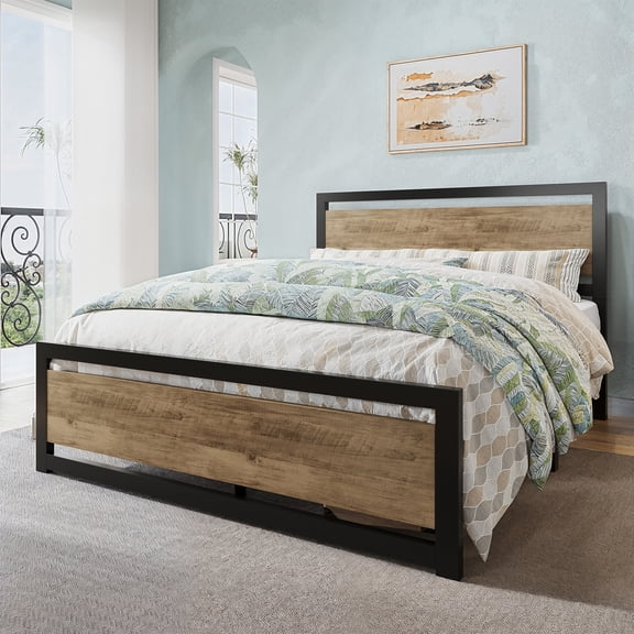 Allewie Full Bed Frame, Metal Platform Bed Frame with Wooden Headboard, 12.4" Under-Bed Storage, Brown