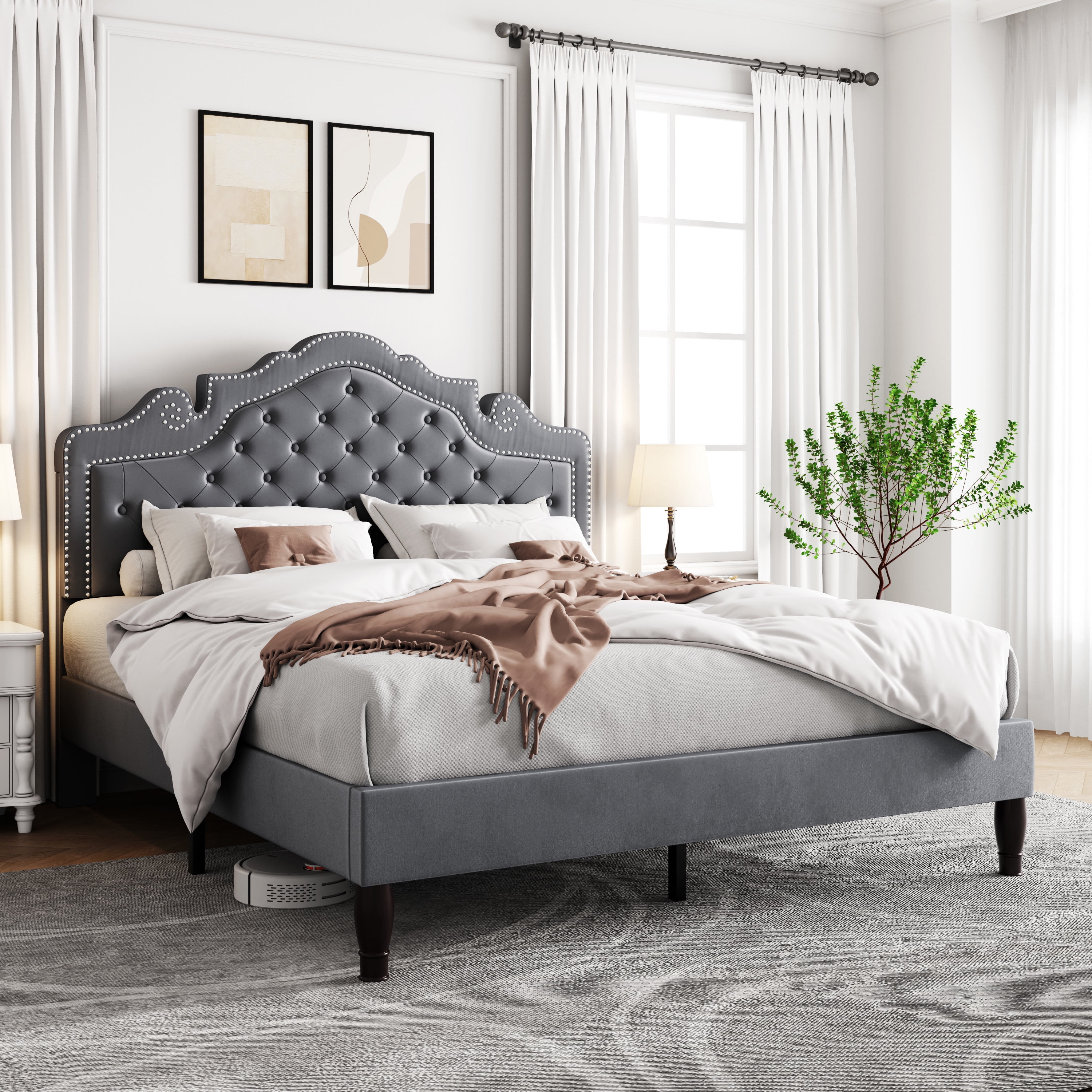 Allewie Full Bed Frame, Velvet Tiara Upholstered Diamond Button Tufted Headboard, No Box Spring Needed, Gray