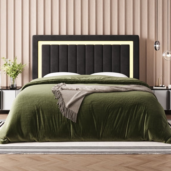 Allewie Full Size Velvet Bed Frame with LED Light, Adjustable Vertical Channel Tufted Headboard, Strong Wooden Slats Support, Noise-Free, No Box Spring Needed, Black