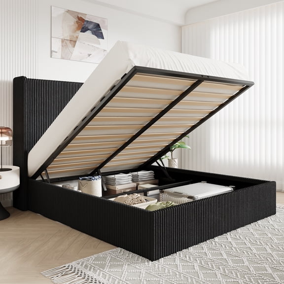 Allewie Full Lift-Up Storage Bed Frame with Modern Wingback Headboard, Corduroy Upholstered Platform Bed, Hydraulic Gas Lift Support, Underbed Storage, Wooden Slats, No Box Spring Needed, Black