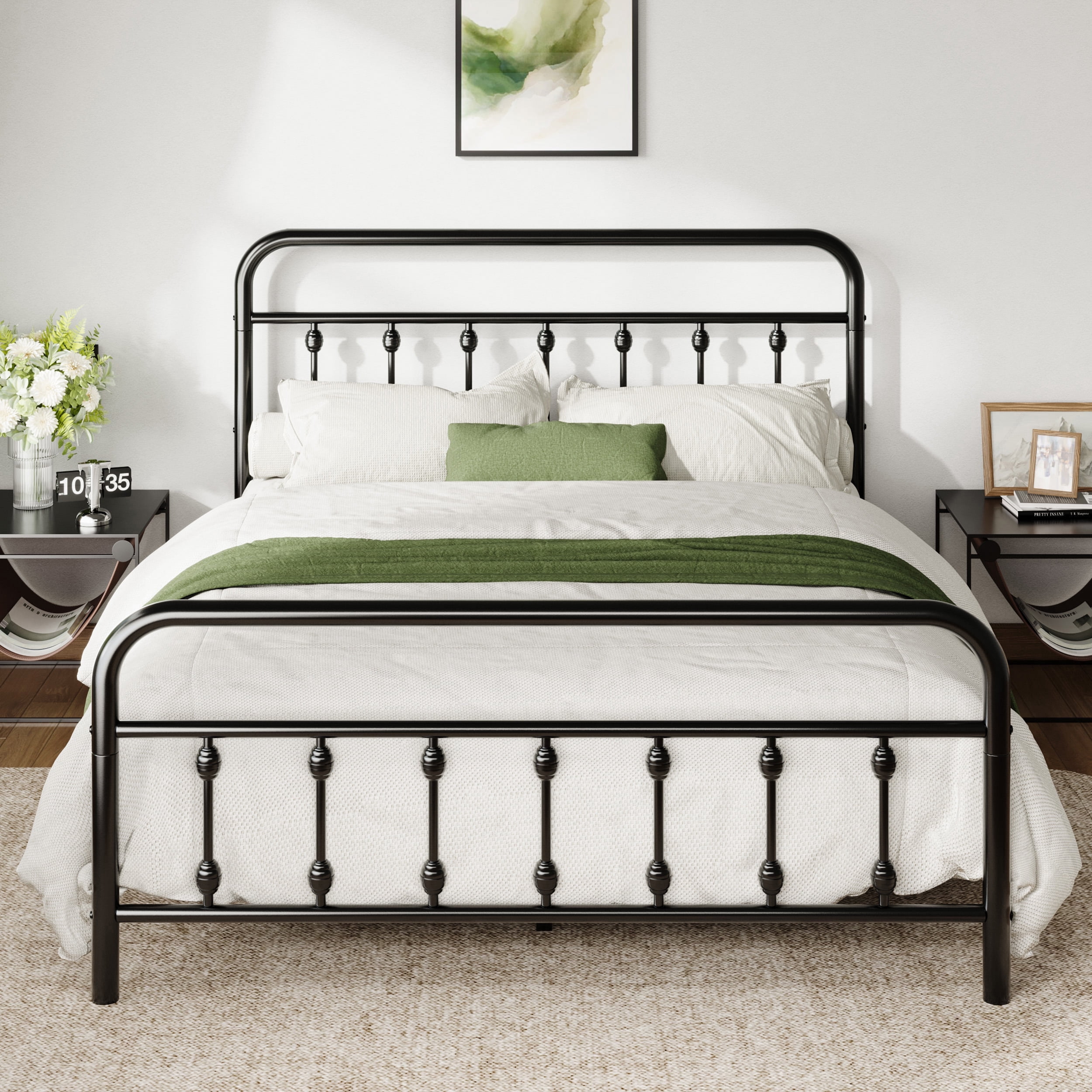 Allewie Full Metal Platform Bed Frame with Vintage Pattern Headboard/Footboard, No Box Spring Needed, Black
