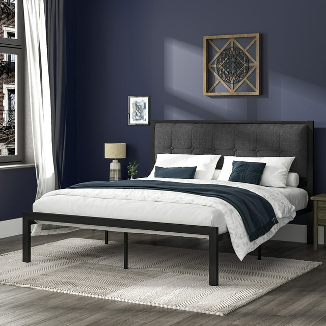 Allewie Full Metal Platform Bed With Fabric Button Tufted Headboard 