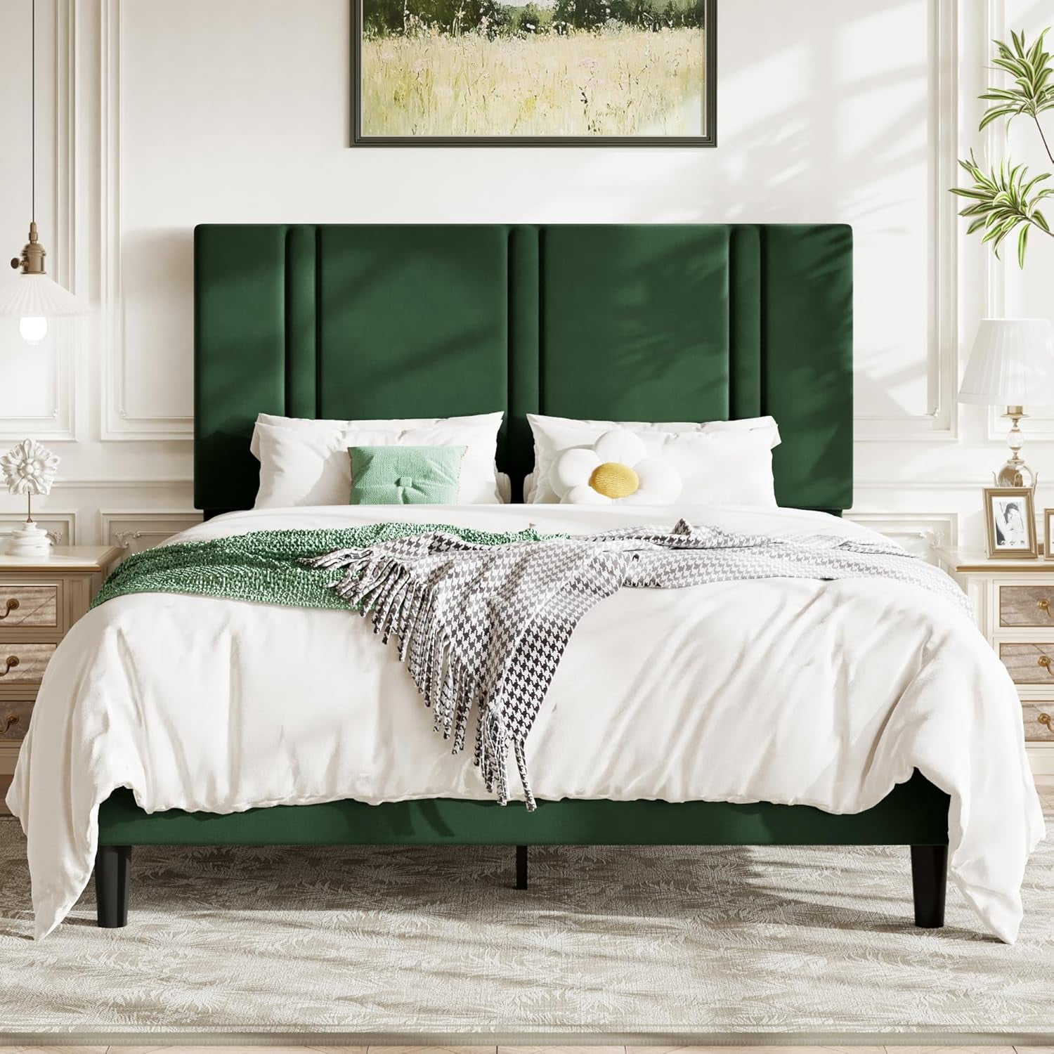 Allewie Full Platform Bed Frame with Adjustable Headboard, Plush Velvet Upholstered, Vertical Channel Tufted, Sturdy Wooden Slats, No Box Spring Needed, Easy Assembly, Green