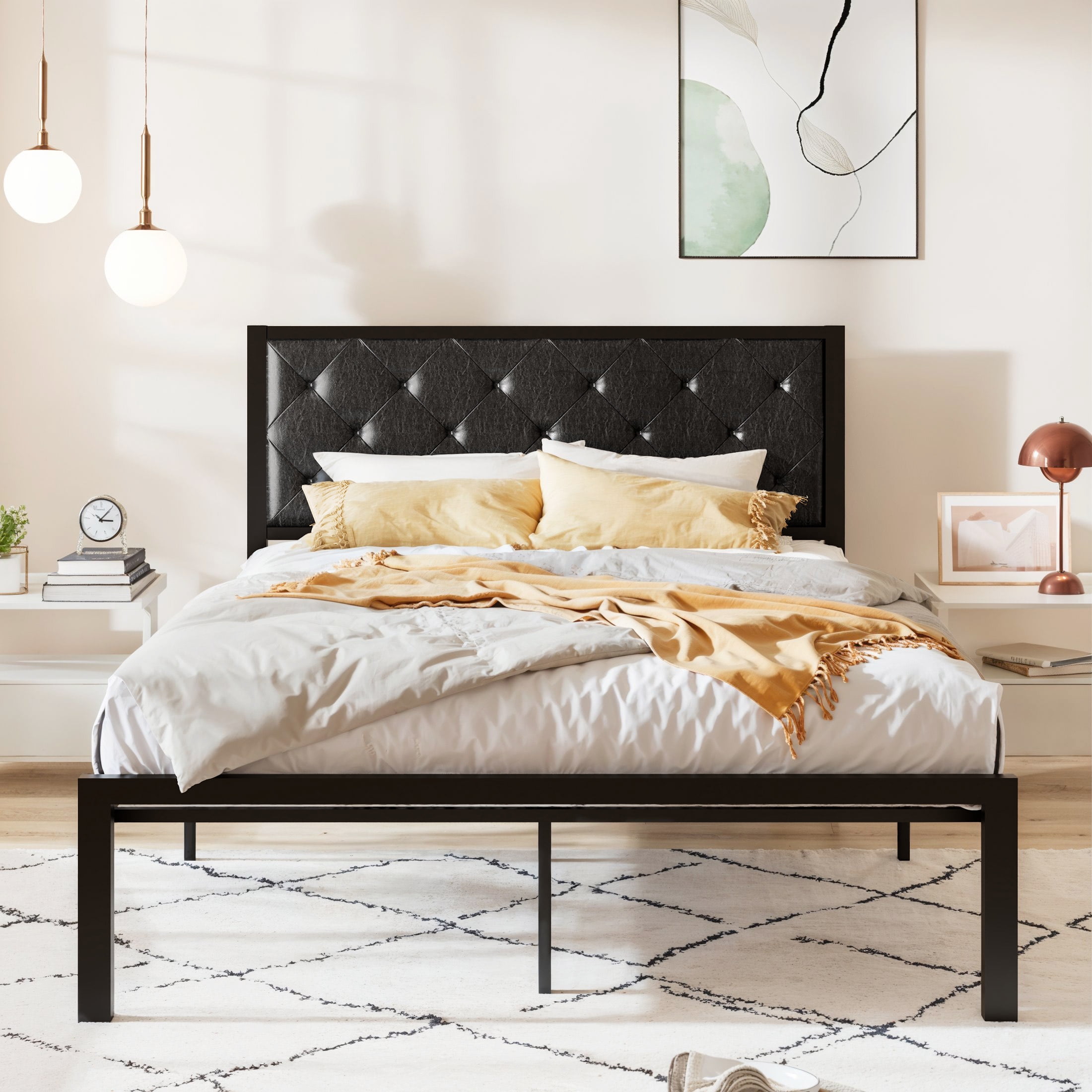 Full Black Metal Platform Bed with Tufted Faux Leather Headboard