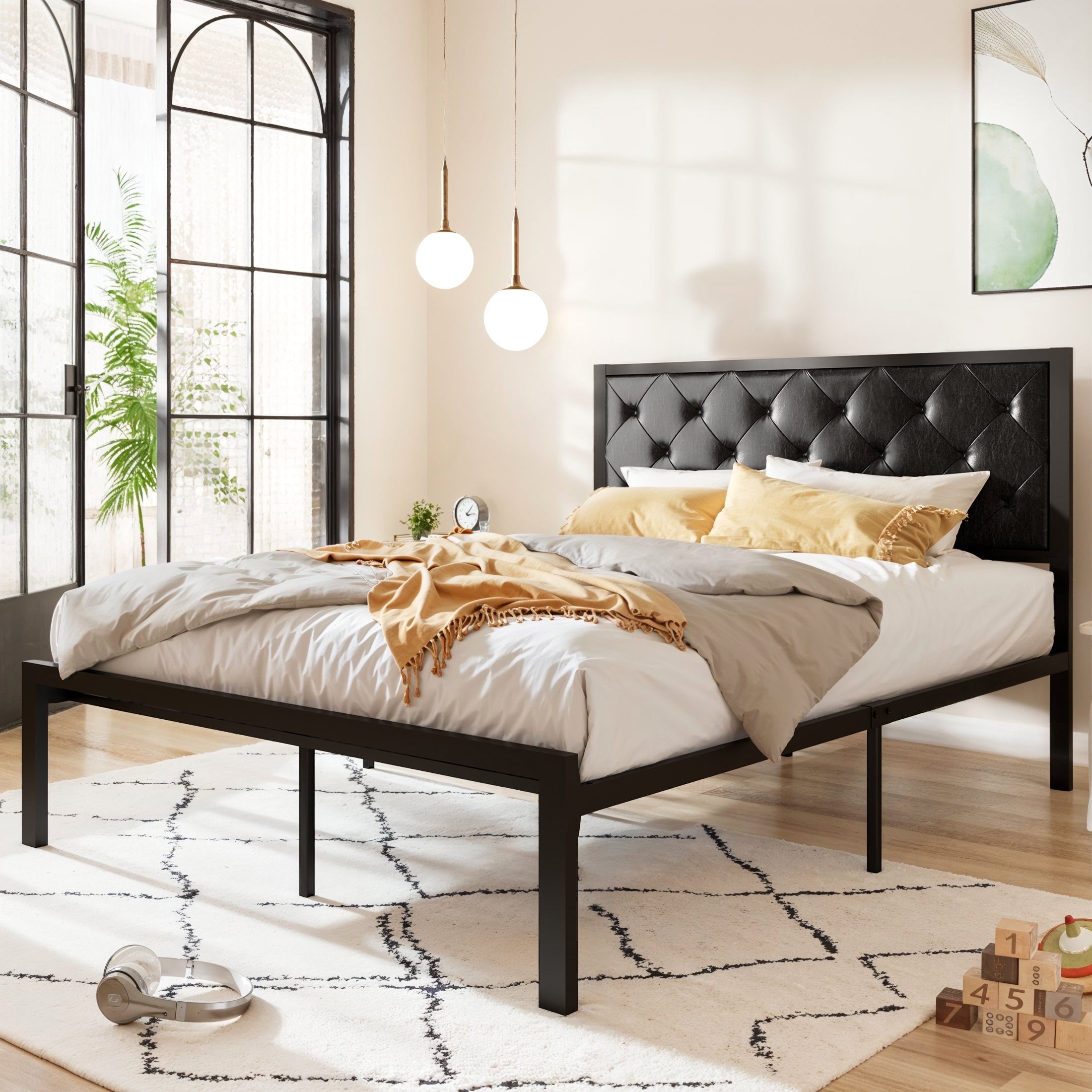 Full Black Metal Platform Bed with Tufted Faux Leather Headboard