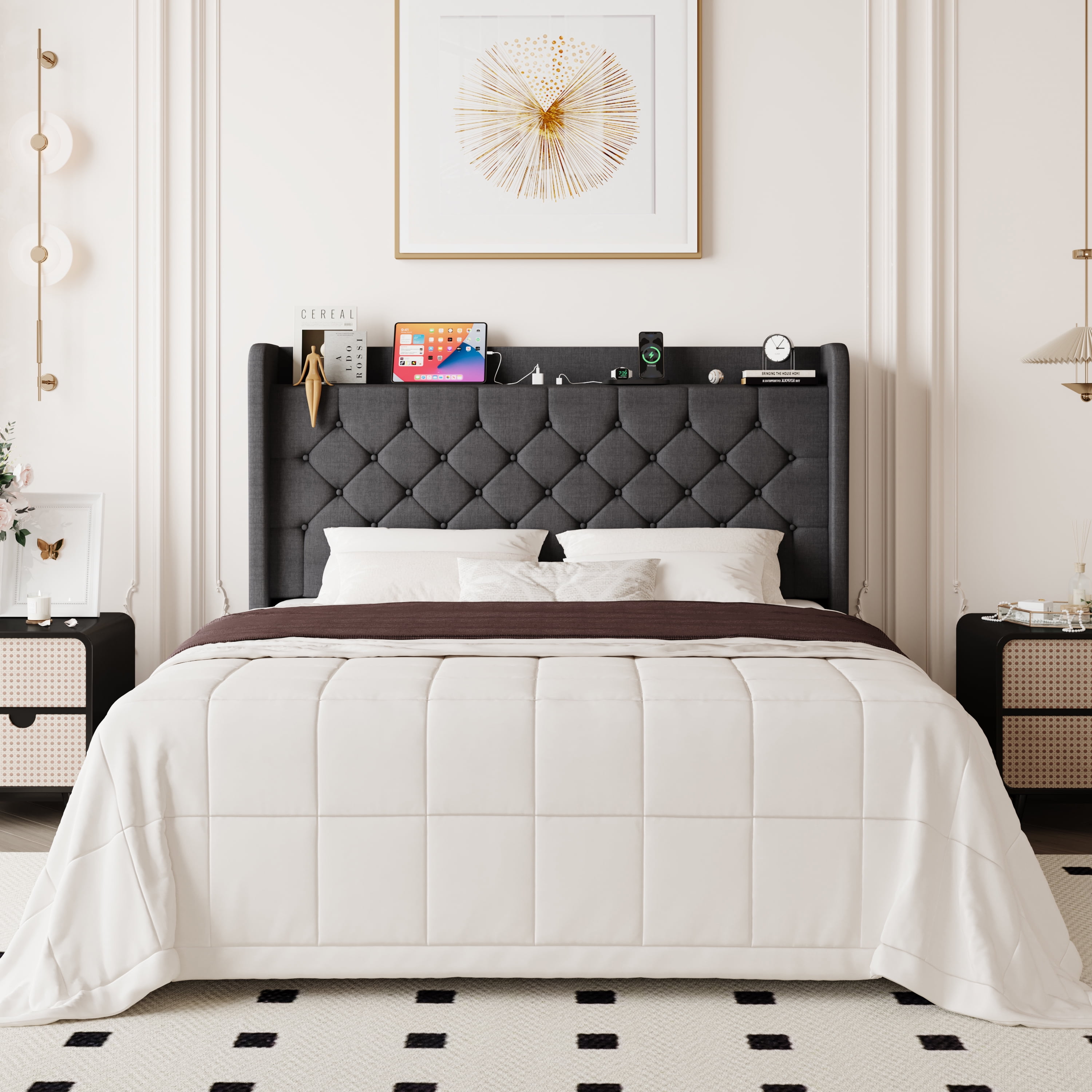 Allewie Full Size Bed Frame, Storage Headboard with Charging Station, Wingback Velvet Upholstered, Diamond Stitched Button Tufted, Sturdy Wooden Slats, No Box Spring Needed, Easy Assembly, Deep Gray