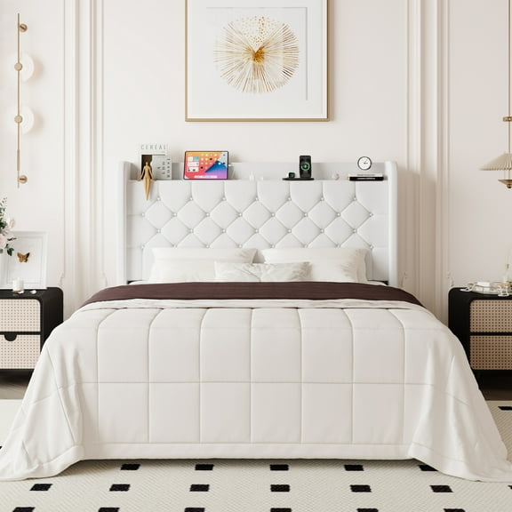 Allewie Full Size Bed Frame, Storage Headboard with Charging Station, Wingback Velvet Upholstered, Diamond Stitched Button Tufted, Sturdy Wooden Slats, No Box Spring Needed, Easy Assembly, White