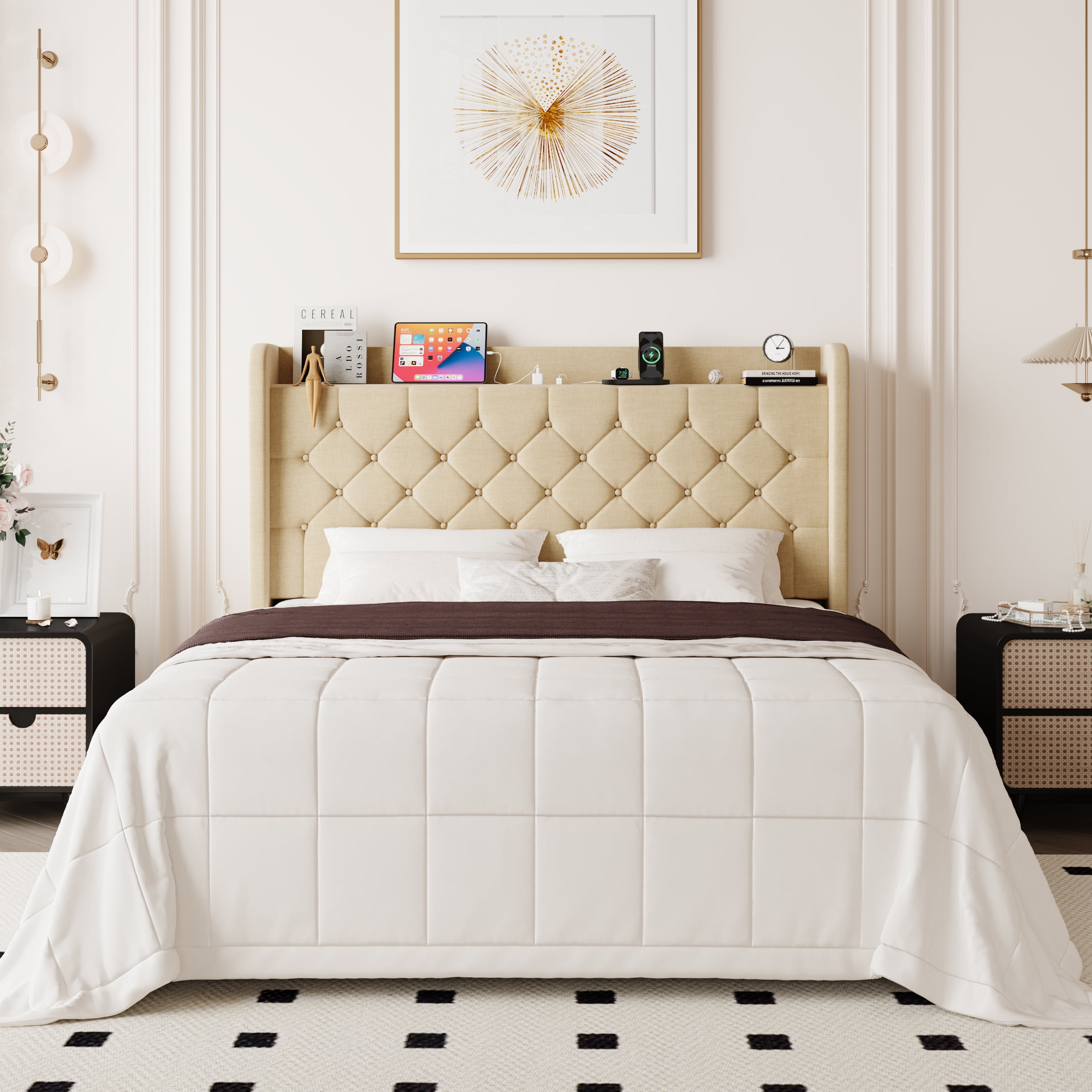 Allewie Full Size Bed Frame, Storage Headboard with Charging Station, Wingback Velvet Upholstered, Diamond Stitched Button Tufted, Sturdy Wooden Slats, No Box Spring Needed, Easy Assembly, Beige