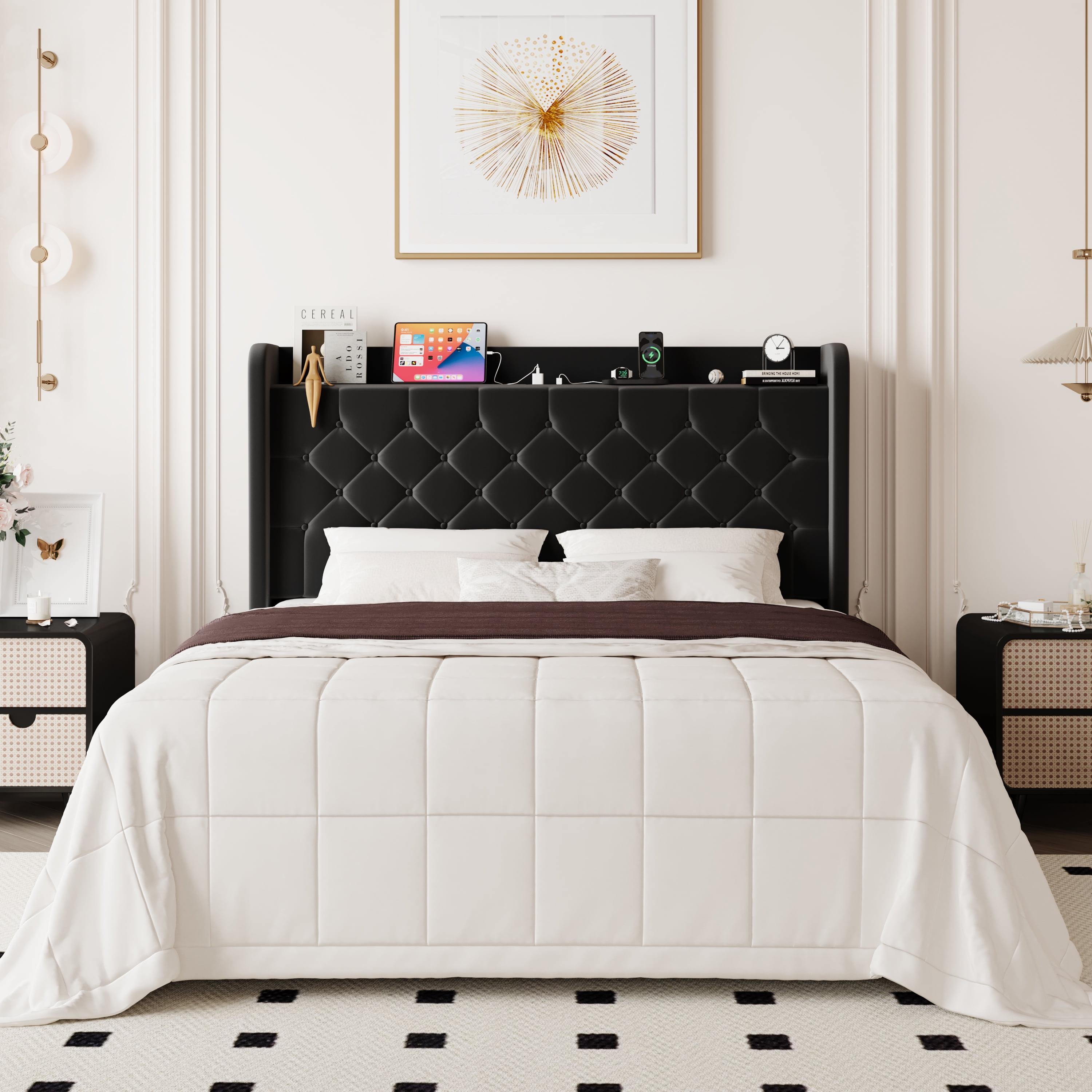 Allewie Full Size Bed Frame, Storage Headboard with Charging Station, Wingback Velvet Upholstered, Diamond Stitched Button Tufted, Sturdy Wooden Slats, No Box Spring Needed, Easy Assembly, Black