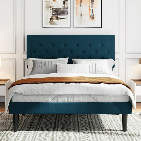 Sifurni Full Bed Frame Upholstered Platform Bed with Adjustable Headboard, No Box Spring Needed, Blue