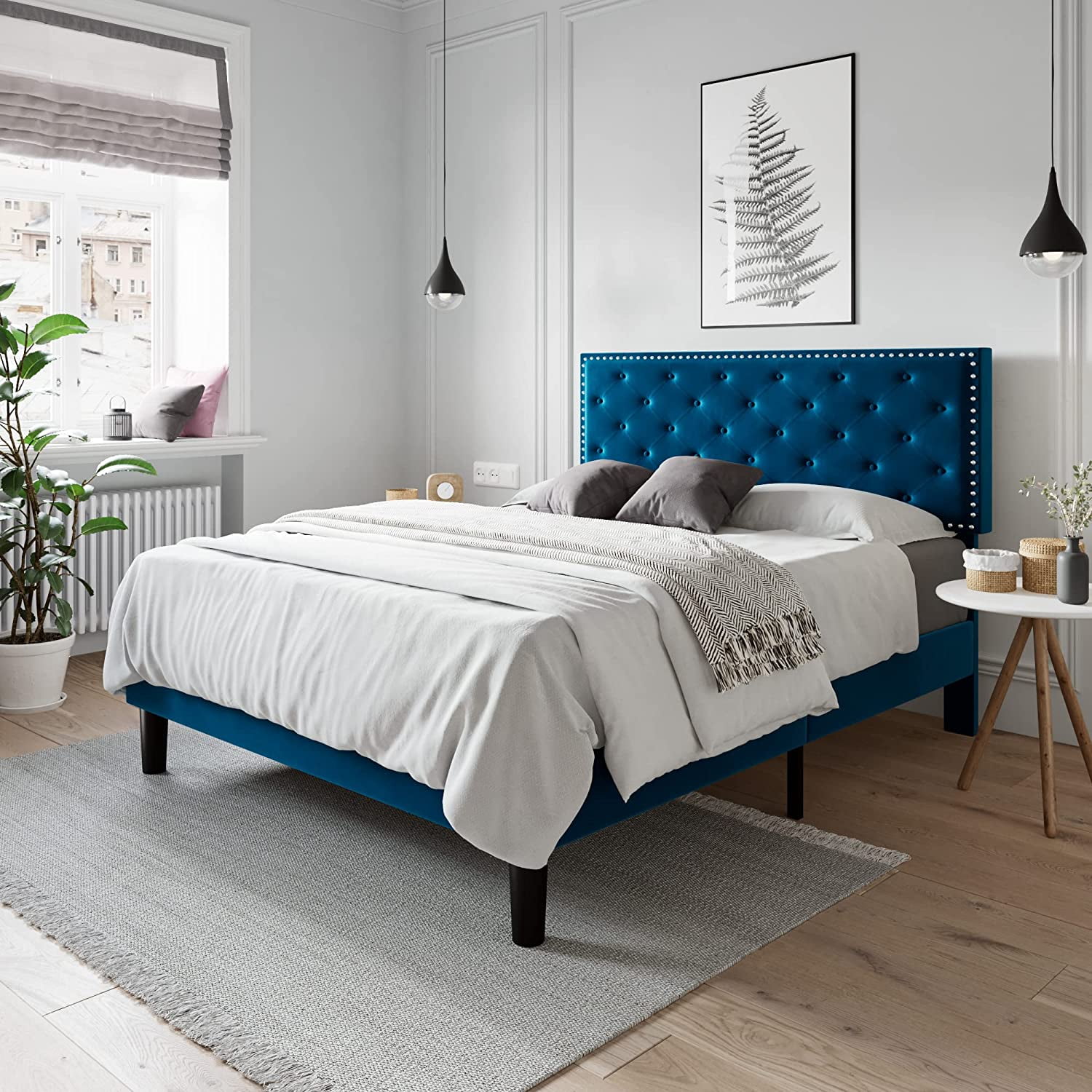 Allewie Full Size Bed Frame, Velvet Upholstered Platform Bed with Adjustable Diamond Button Tufted & Nailhead Trim Headboard, Navy Blue