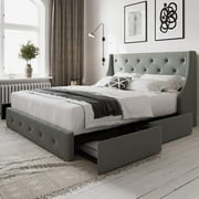 Allewie Full Size Bed Frame with 4 Storage Drawers and Button Tufted & Wingback Headboard, Light Grey
