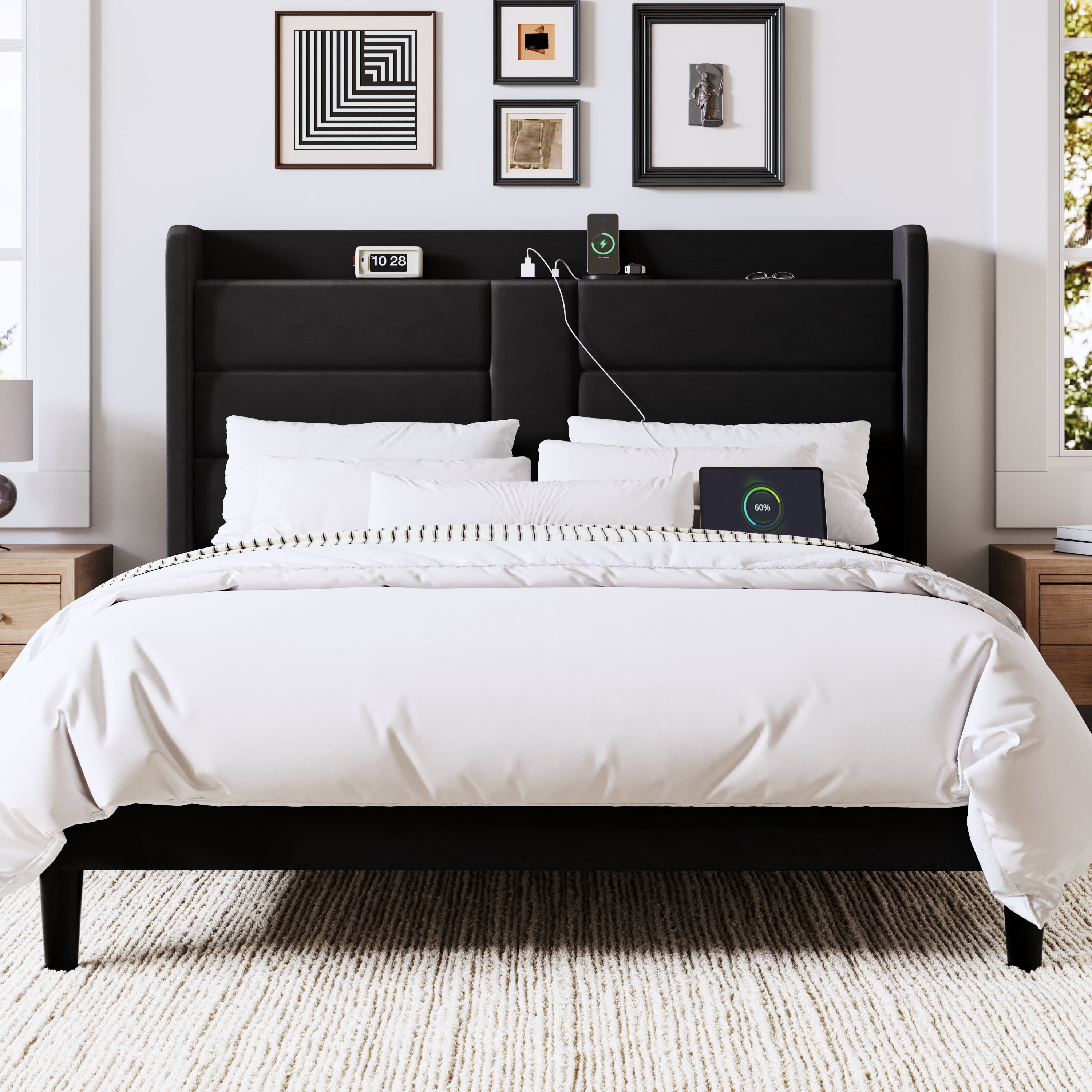 Allewie Full Size Bed Frame with Charging Station, Upholstered Velvet Wingback Design & USB Port, No Box Spring Needed, Black