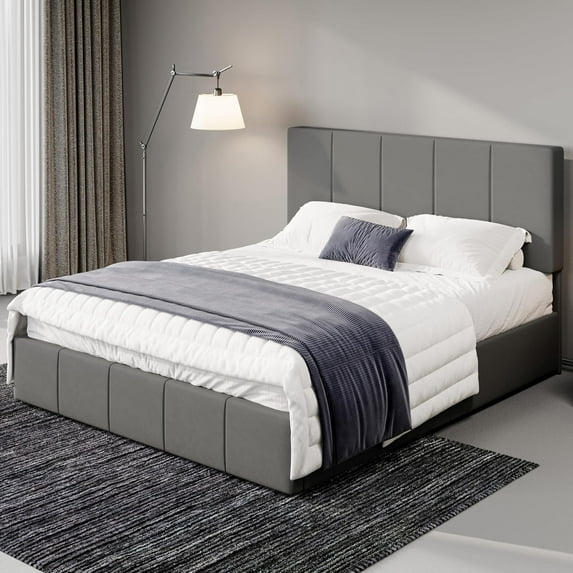 Allewie Full Size Dutch Velvet Upholstered Platform Bed Frame/Vertical Channel Tufted Adjustable Headboard/Low Profile Bed Frame/No Box Spring Needed/Easy Assembly/Grey