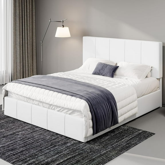 Allewie Full Size Dutch Velvet Upholstered Platform Bed Frame/Vertical Channel Tufted Adjustable Headboard/Low Profile Bed Frame/No Box Spring Needed/Easy Assembly/White