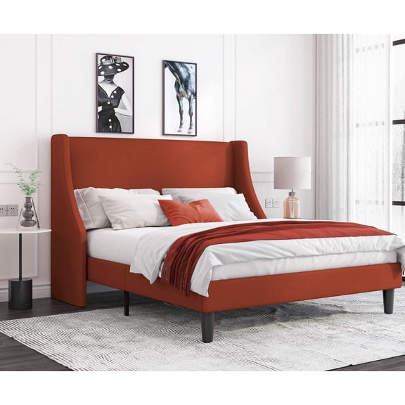 Allewie Full Size Fabric Upholstered Platform Bed Frame with Wingback Headboard, Burnt Orange