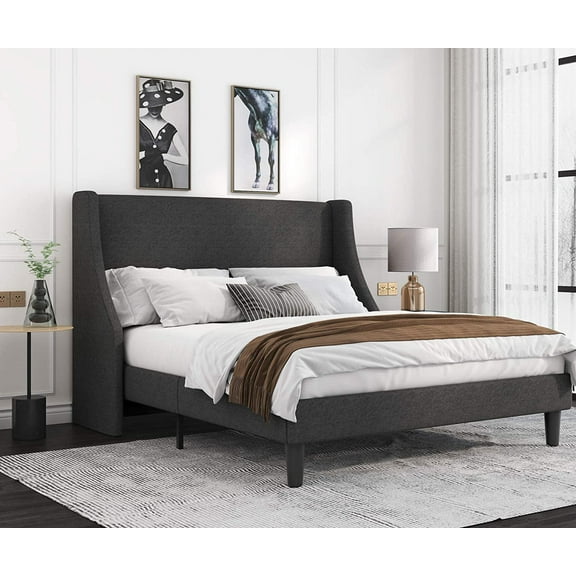 Allewie Full Size Fabric Upholstered Platform Bed Frame with Wingback Headboard, Dark Grey