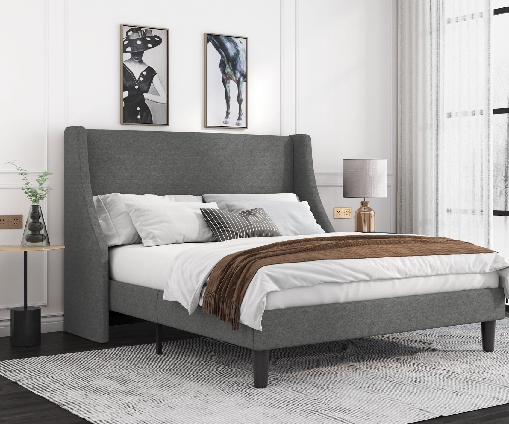 Allewie Full Size Fabric Upholstered Platform Bed Frame with Wingback Headboard, Light Grey