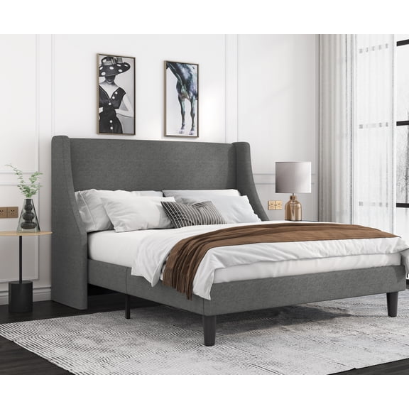 Allewie Full Size Fabric Upholstered Platform Bed Frame with Wingback Headboard, Light Grey