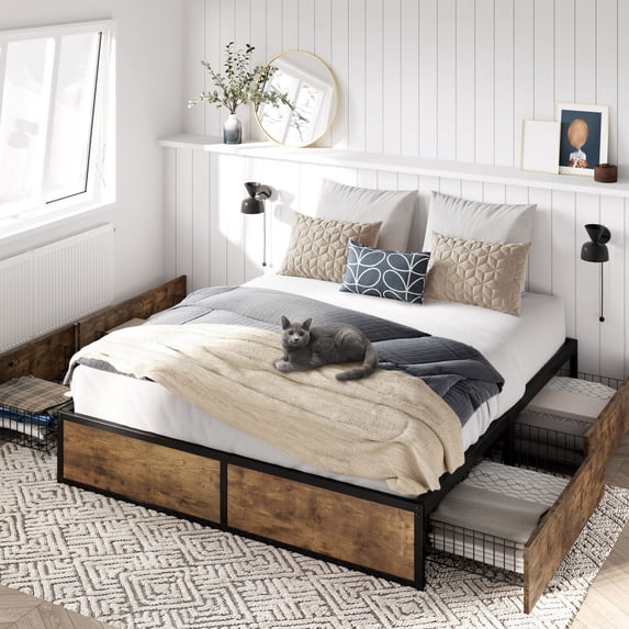 Allewie Full Size Heavy Duty Metal Platform Bed Frame with 4 Large Storage Drawers, Strong Metal Slats, Brown