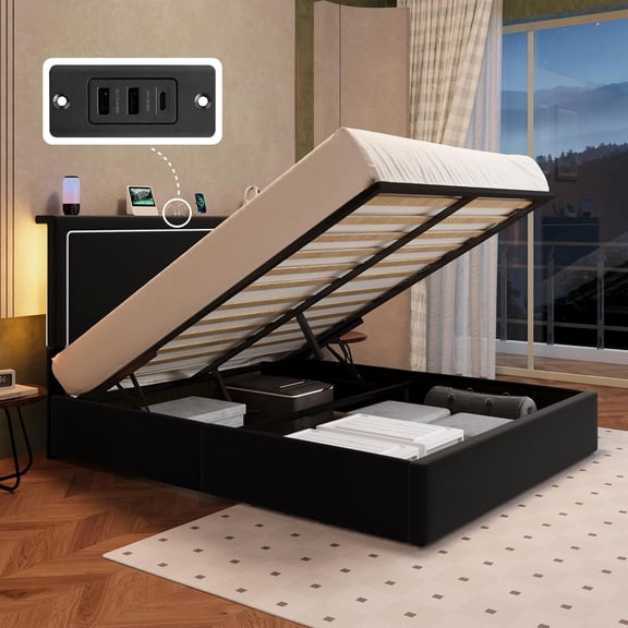 Allewie Full Size Hydraulic Lift Up Bed Frame, Velvet Upholstered Platform Bed with LED Light, Storage Headboard & Built-in Charging Station, Black