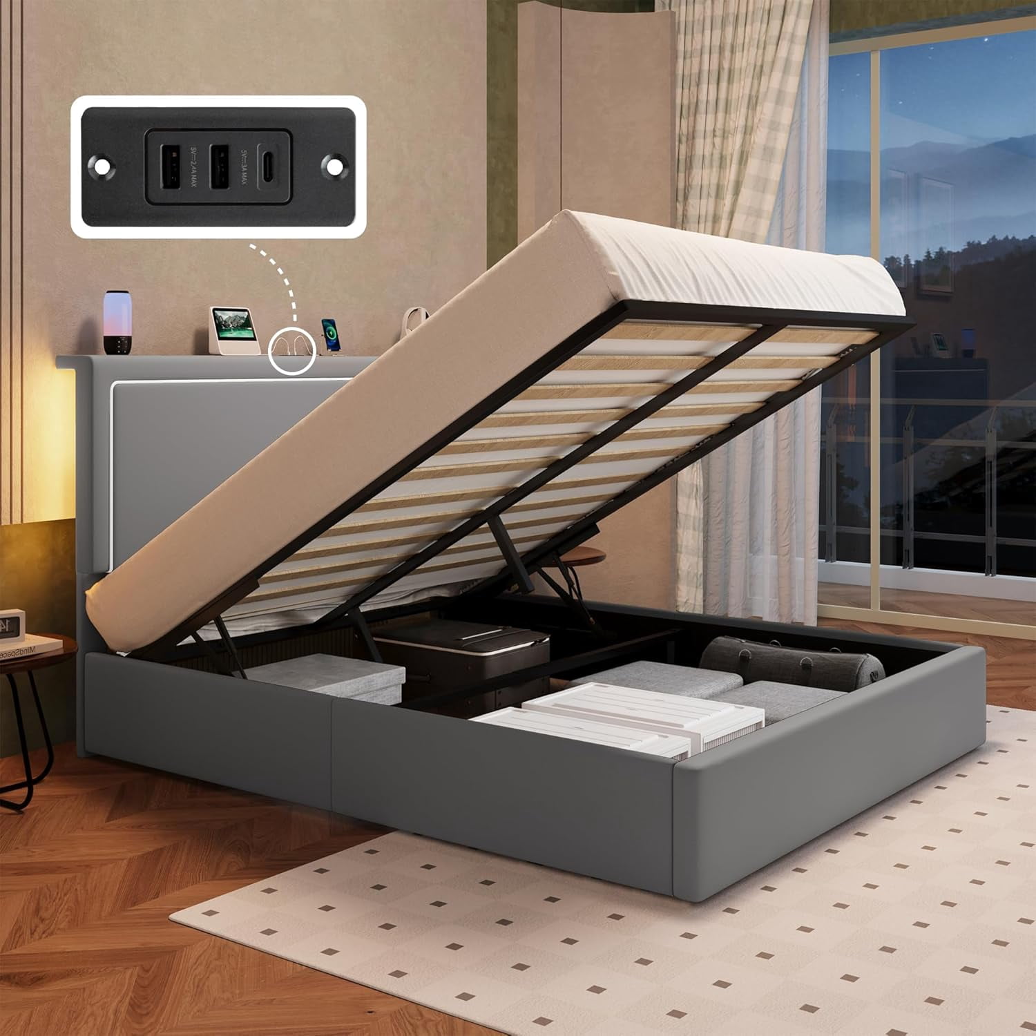 Allewie Full Size Hydraulic Lift Up Bed Frame, Velvet Upholstered ...