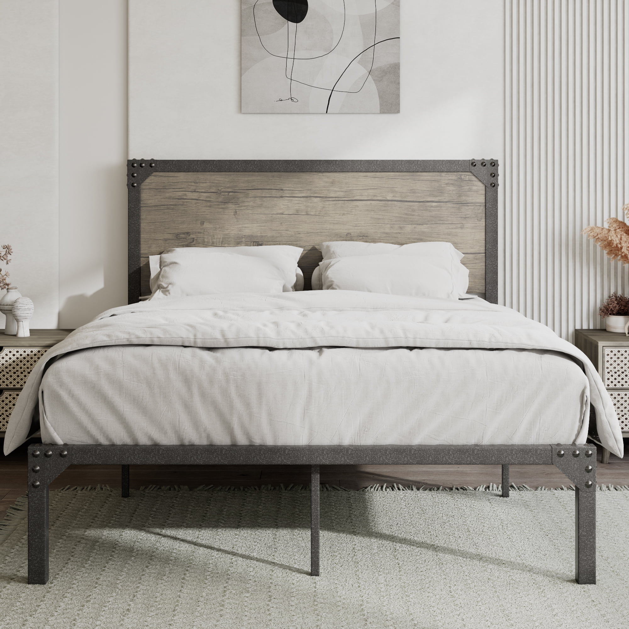 Allewie Full Size Industrial Platform Metal Bed Frame with Wooden Rivet Headboard, Brown