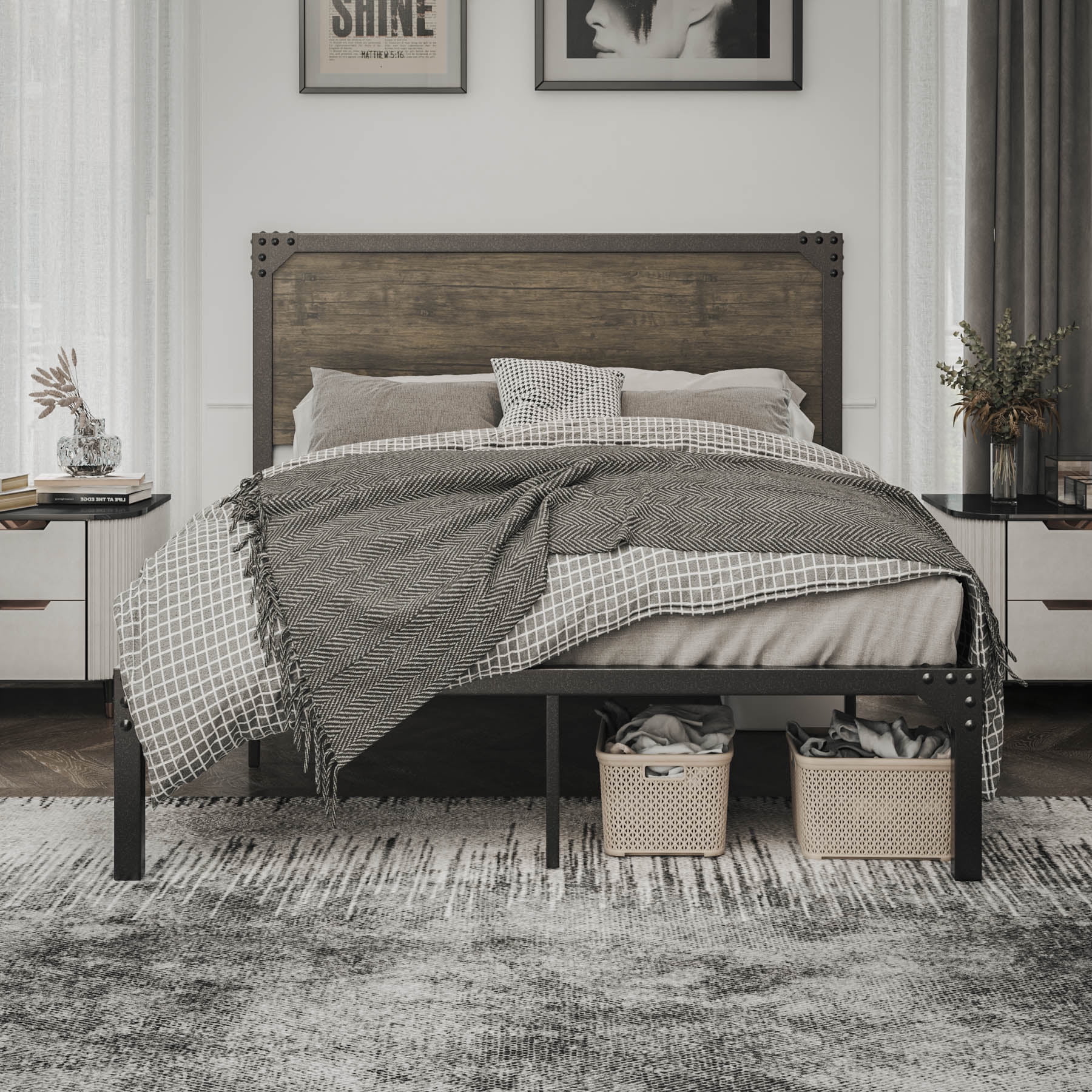 Allewie Full Size Industrial Platform Metal Bed Frame with Wooden