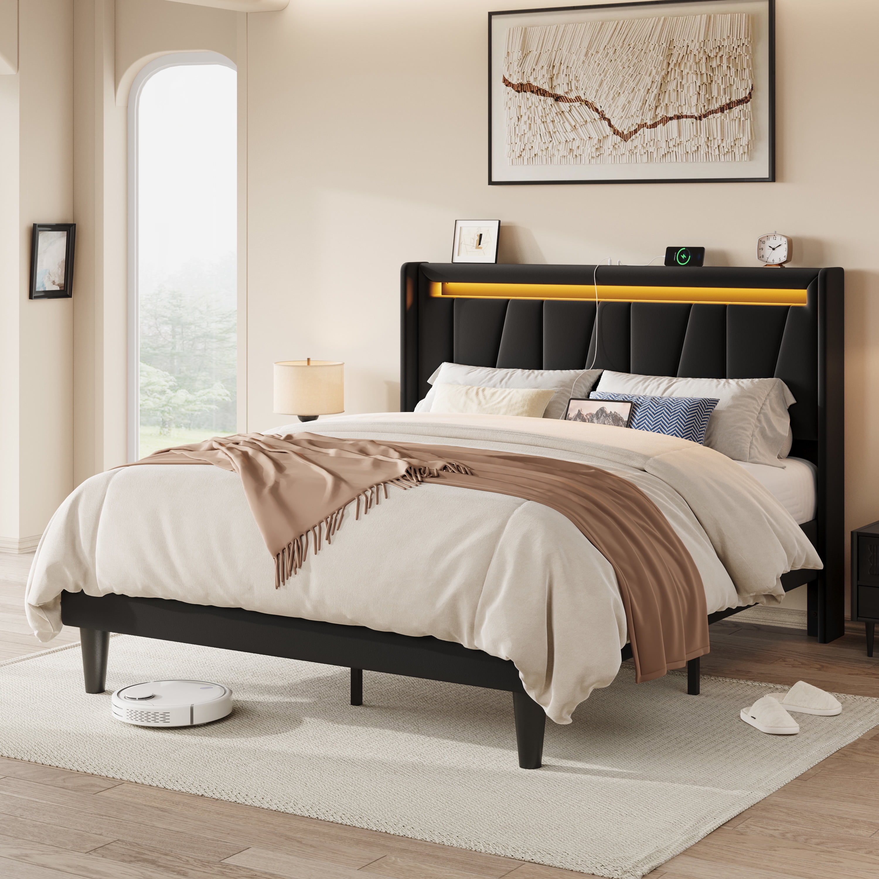 Allewie Full Size LED Bed Frame with Charging Station, Velvet Upholstered Platform Bed with Geometric Wingback Headboard, Black