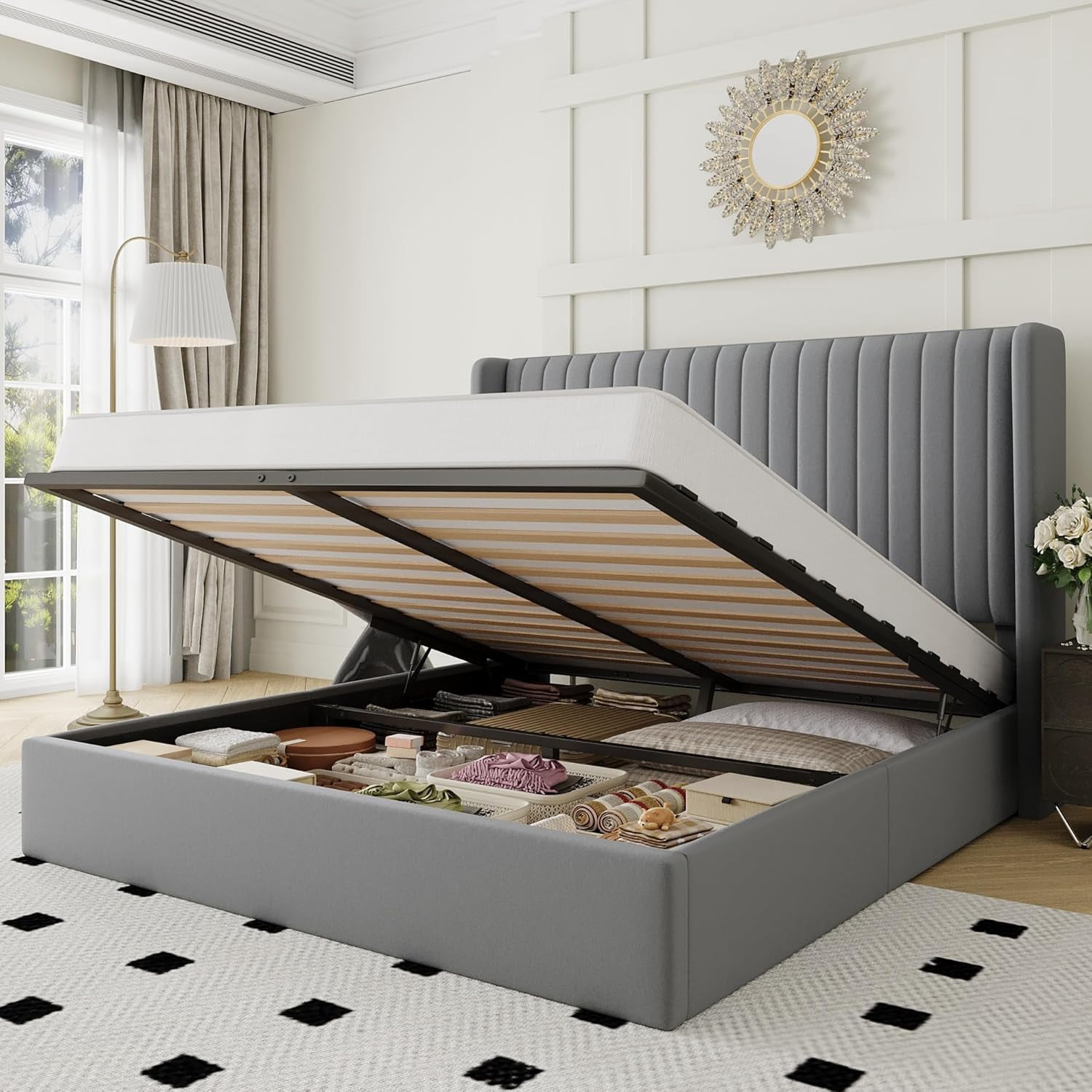 Allewie Full Size Lift Up Storage Bed Frame, Hydraulic Support System, Upholstered Platform Bed Frame, Vertical Channel Tufted Headboard with Wingback, Grey