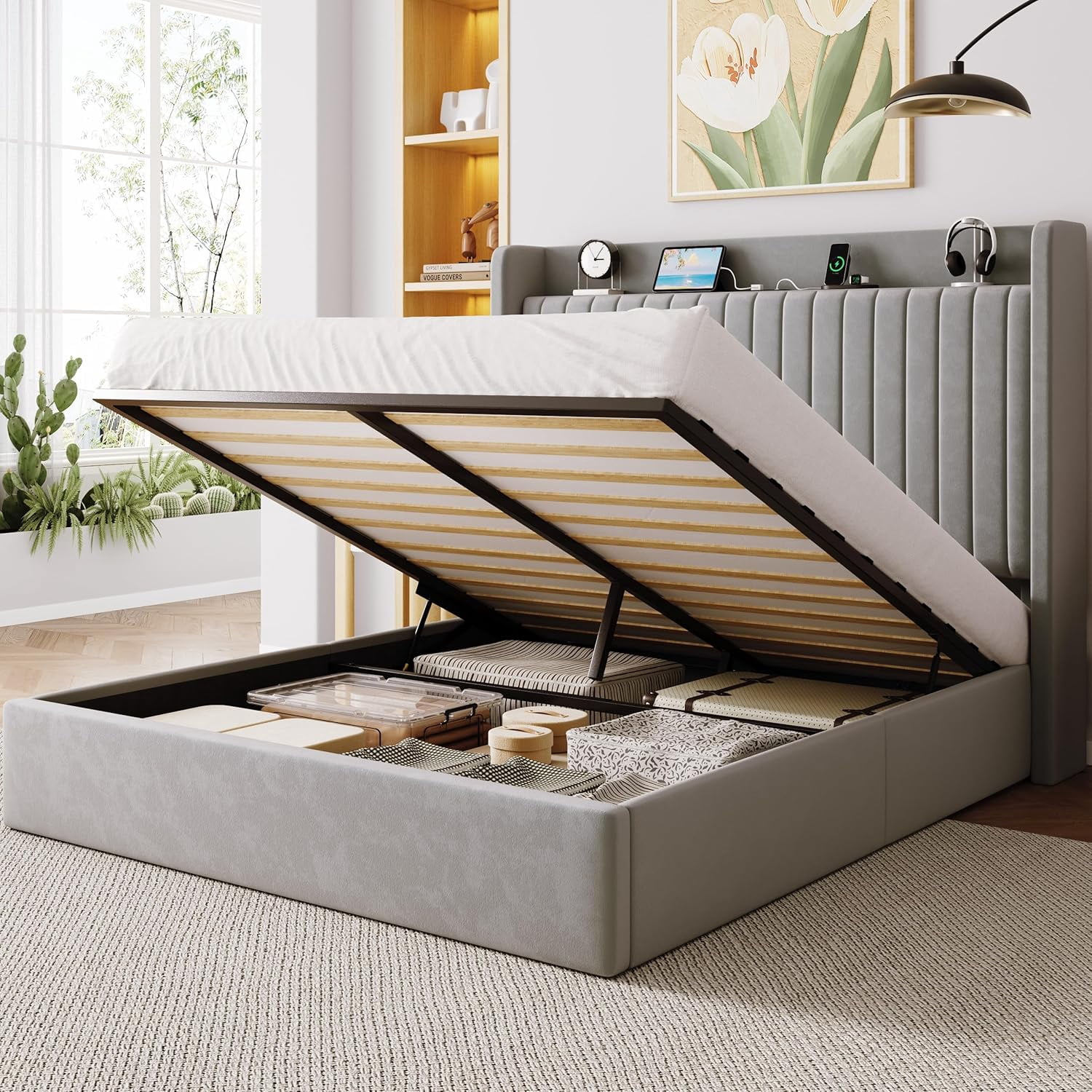 Allewie Full Size Lift Up Storage Bed Frame, Storage Shelf Headboard with Charging Station, Type-C and USB Ports, Hydraulic Support, Velvet Upholstered Bed Frame, No Box Spring Needed, Gray
