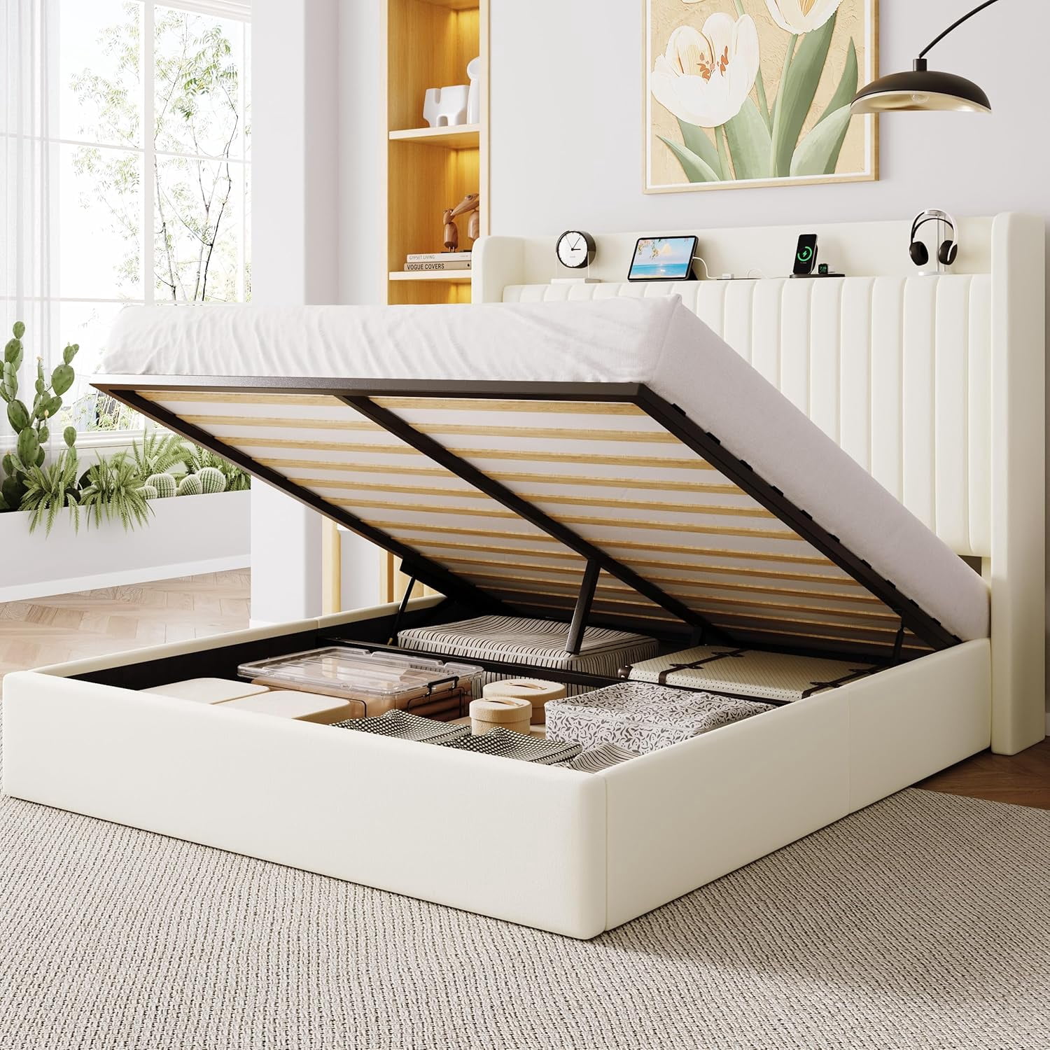 Allewie Full Size Lift Up Storage Bed Frame, Storage Shelf Headboard with Charging Station, Type-C and USB Ports, Hydraulic Support, Velvet Upholstered Bed Frame, No Box Spring Needed, Cream White