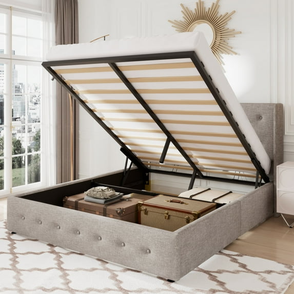 Allewie Full Size Lift Up Platform Storage Bed Frame with Button Tufted Wingback Headboard, Light Beige