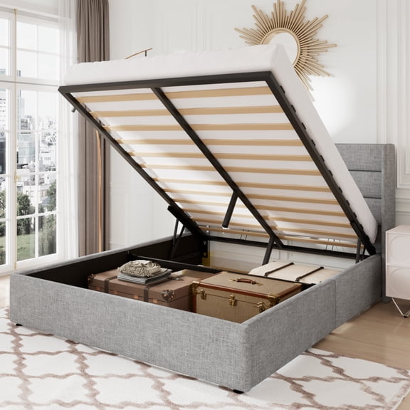 Allewie Full Size Lift Up Platform Storage Bed Frame with Channel Wingback Headboard, Light Grey