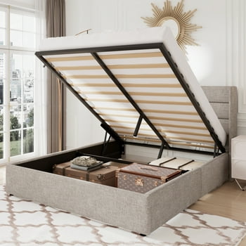 Allewie Full Size Lift Up Platform Storage Bed Frame with Pannel Wingback Headboard, Light Beige