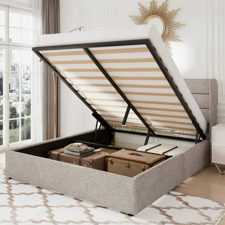 Allewie Full Size Lift Up Platfrom Storage Bed Frame with Channel Wingback Headboard, Light Beige