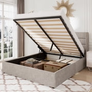 Allewie Full Size Lift Up Platfrom Storage Bed Frame with Channel Wingback Headboard, Light Beige