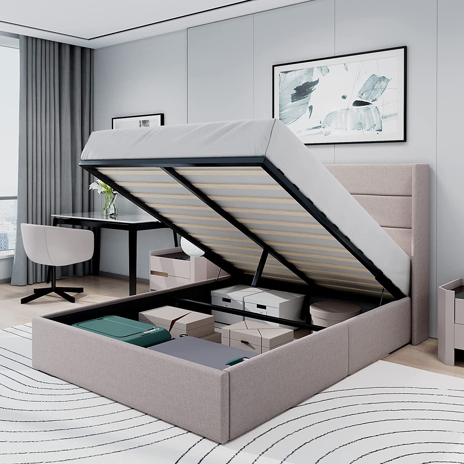 Allewie Full Size Lift Up Storage Upholstered Bed with Pannel Wingback