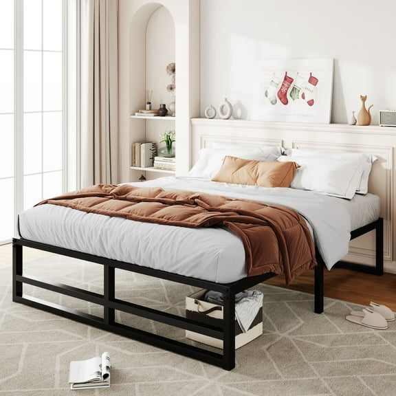 Allewie Full Size Metal Platform Bed Frame with 14" Under Bed Storage, Strong Metal Slats Support, Black